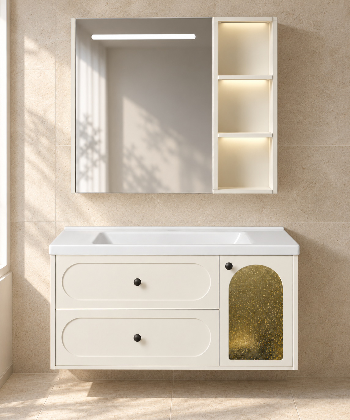Meridian Grey Smart Mirror Stainless Steel Vanity bathroom scene — NB-508A-900