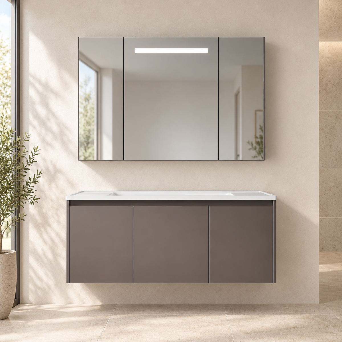 SANIKB NB-509A-1000 vanity cabinet, basin and matching mirror in a calm illustrative bathroom setting