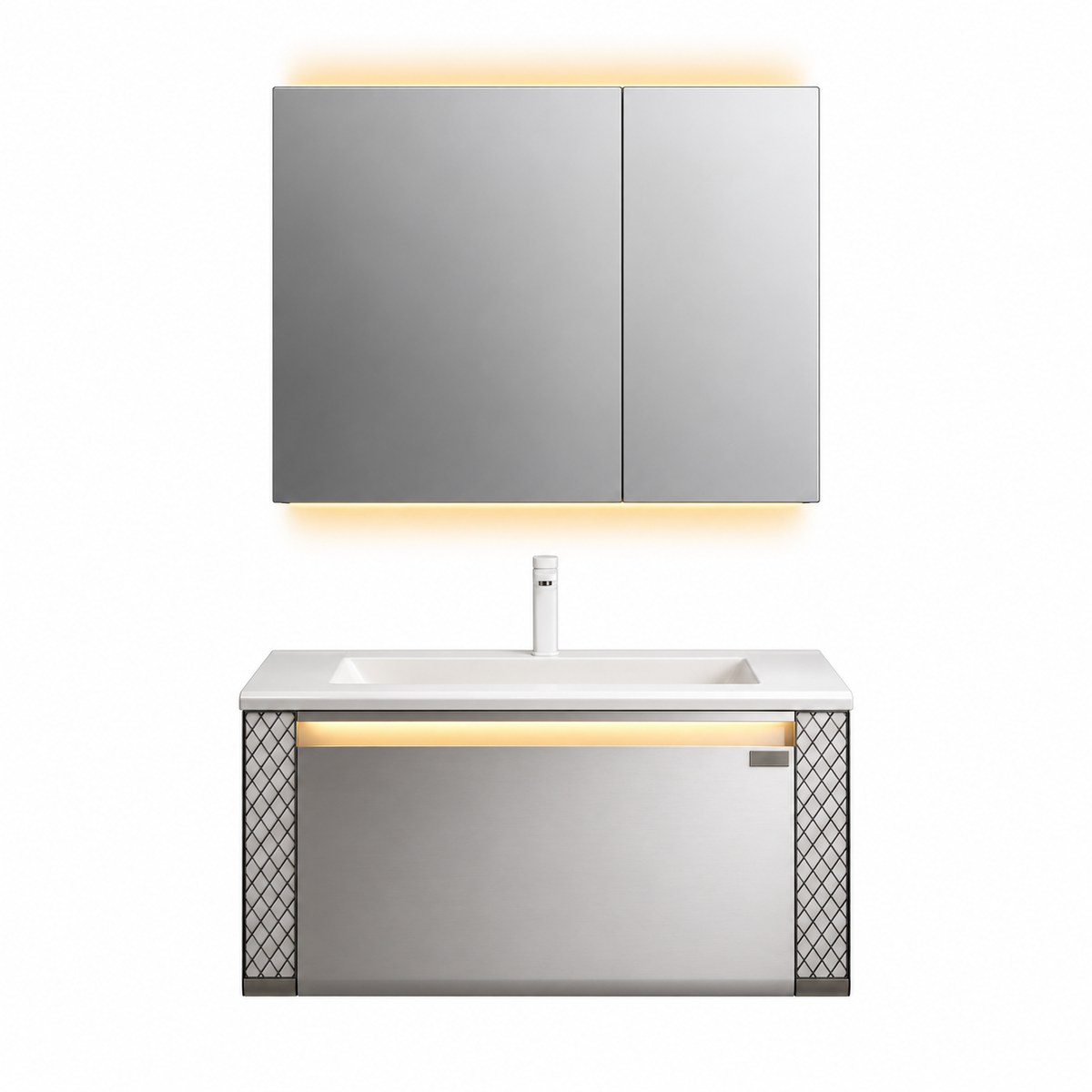 LD-5363 vanity cabinet, basin and matching mirror on white background