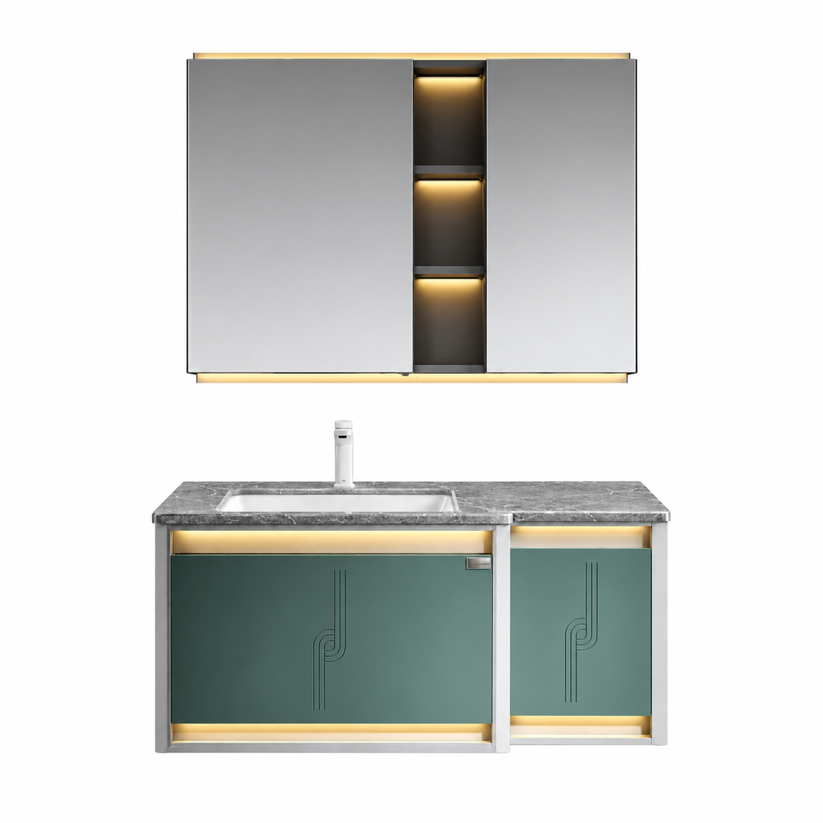 LD-5365 vanity cabinet, basin and matching mirror on white background