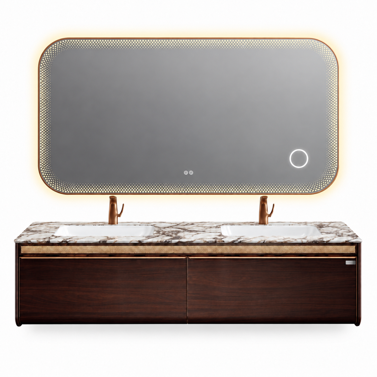 LD-5369 vanity cabinet, basin and matching mirror on white background