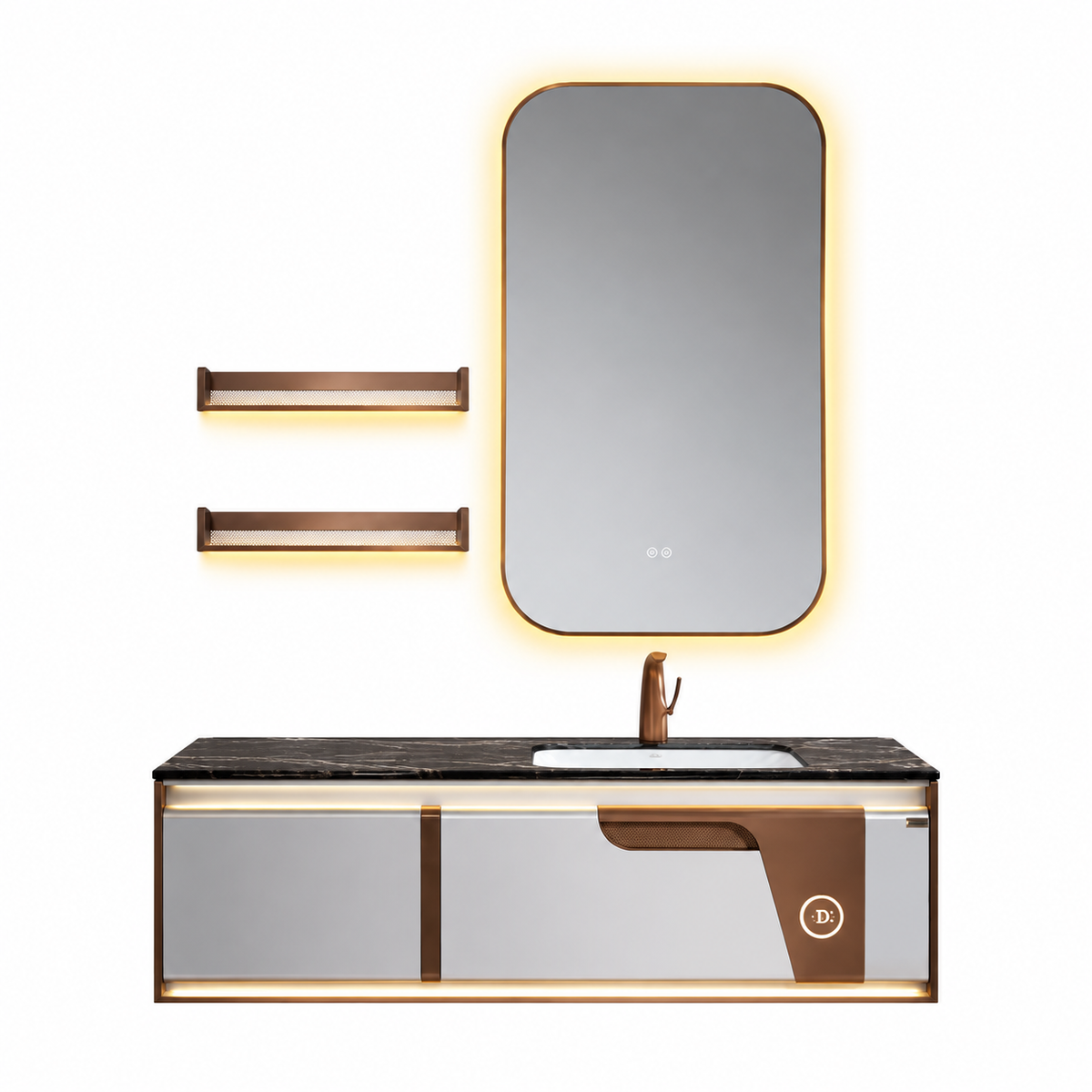 LD-5371 vanity cabinet, basin and matching mirror on white background