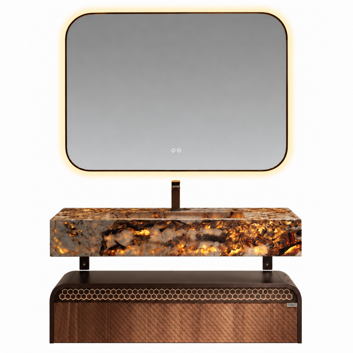 LD-5377 vanity cabinet, basin and matching mirror on white background