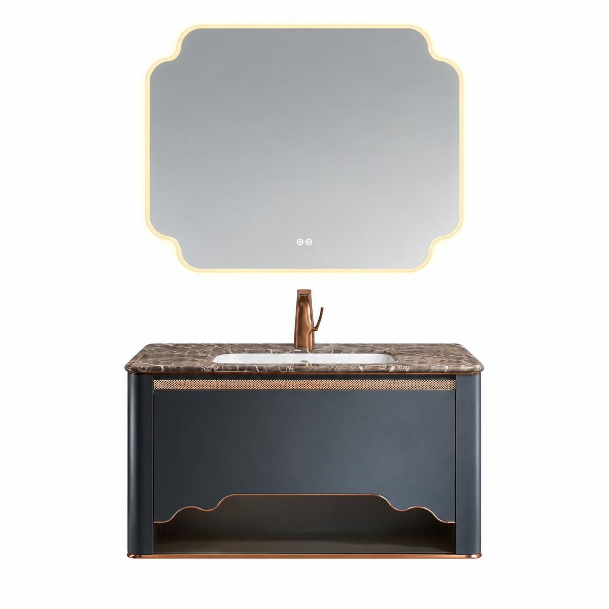 LD-5378 vanity cabinet, basin and matching mirror on white background