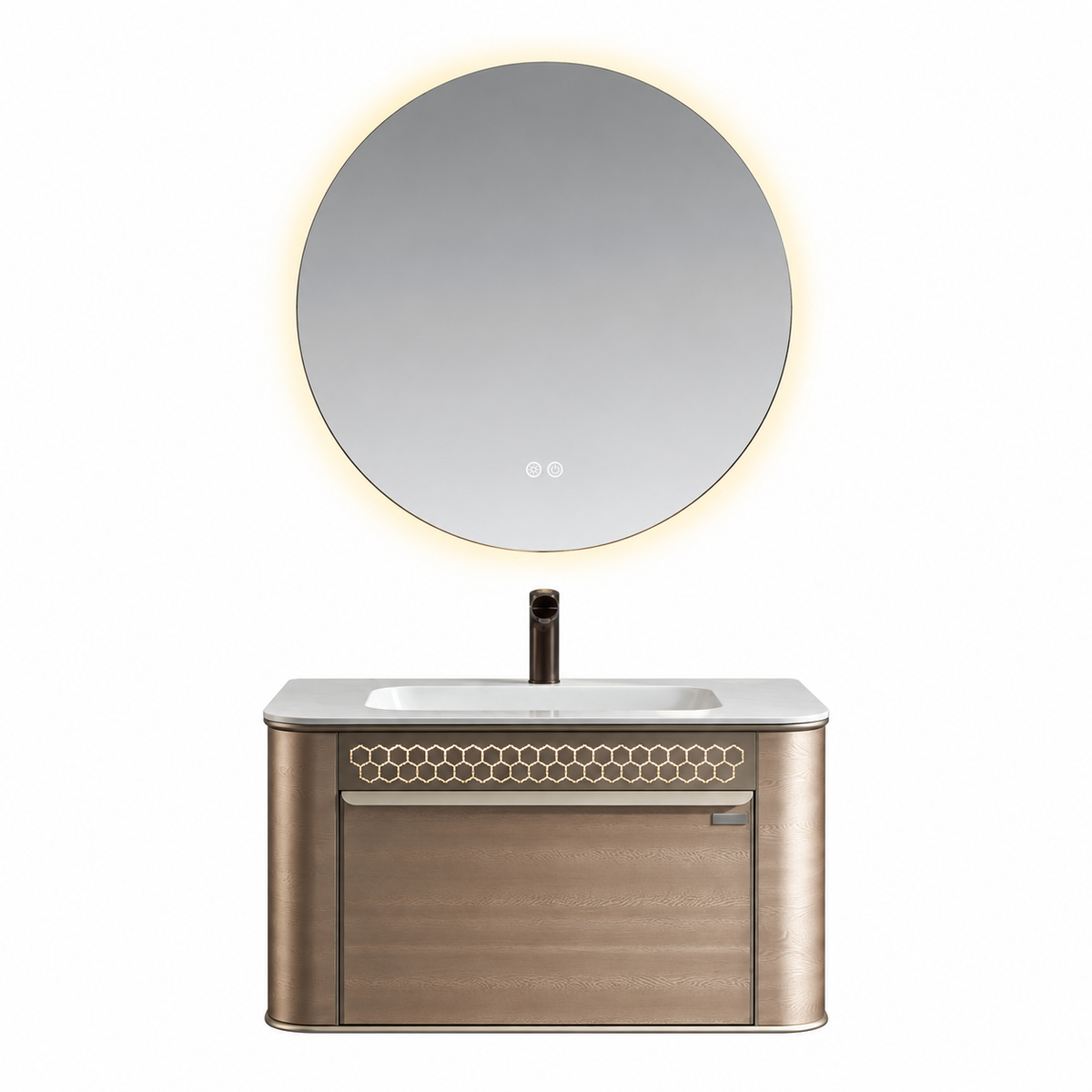 LD-5385 vanity cabinet, basin and matching mirror on white background