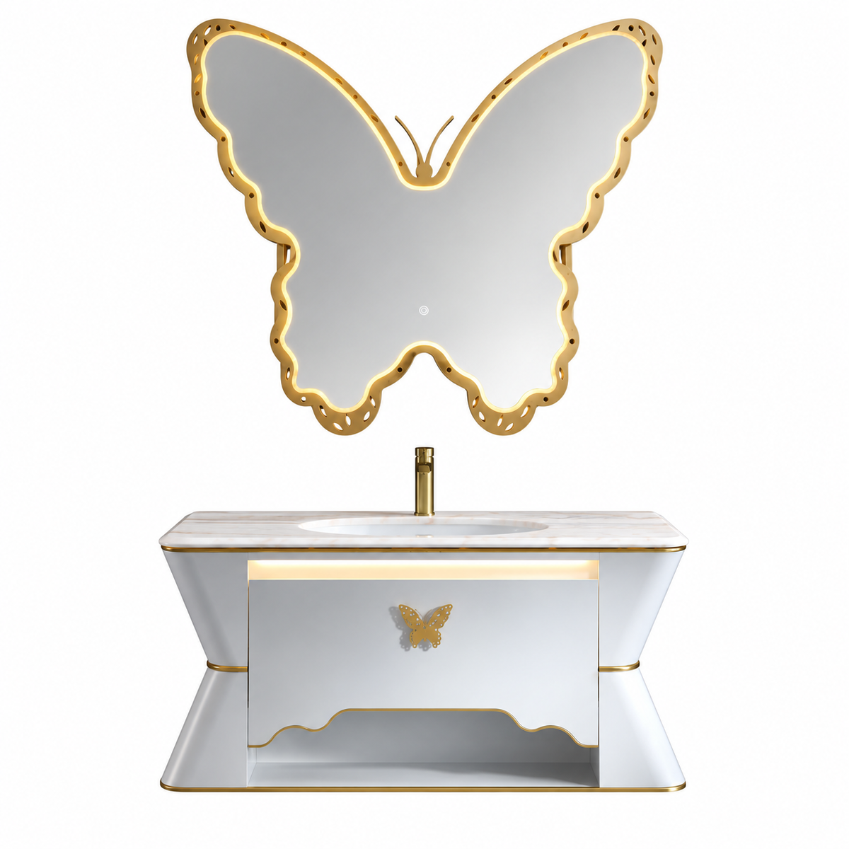 LD-5395 vanity cabinet, basin and matching mirror on white background
