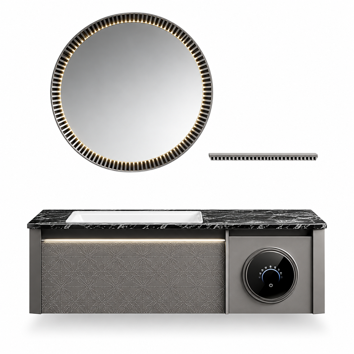 NB-3002-120 vanity cabinet, basin and matching mirror on white background