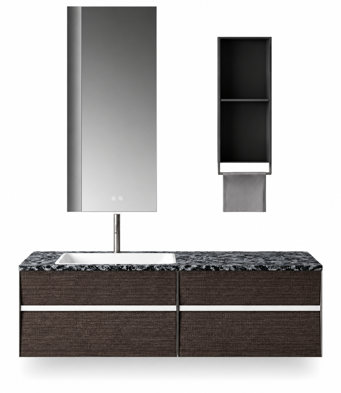 NB-3006-150 vanity cabinet, basin and matching mirror on white background