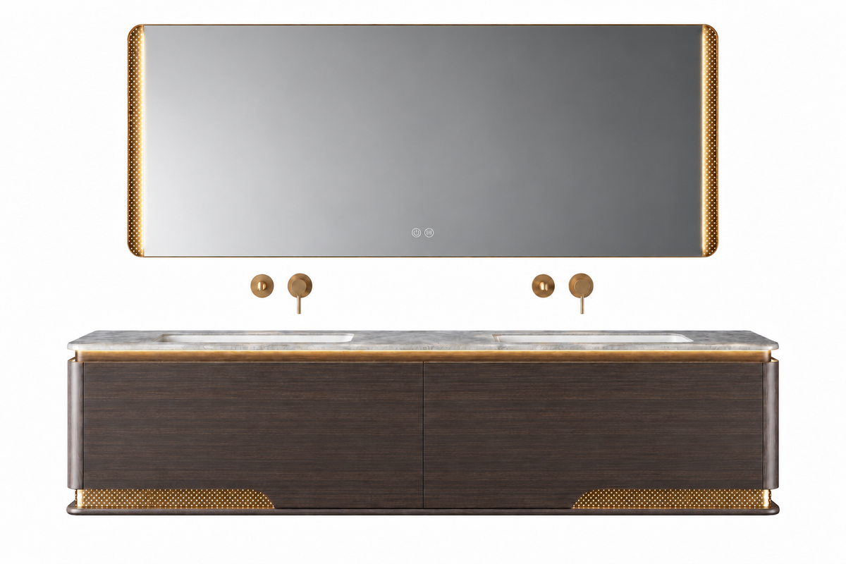 NB-3007-160 vanity cabinet, basin and matching mirror on white background