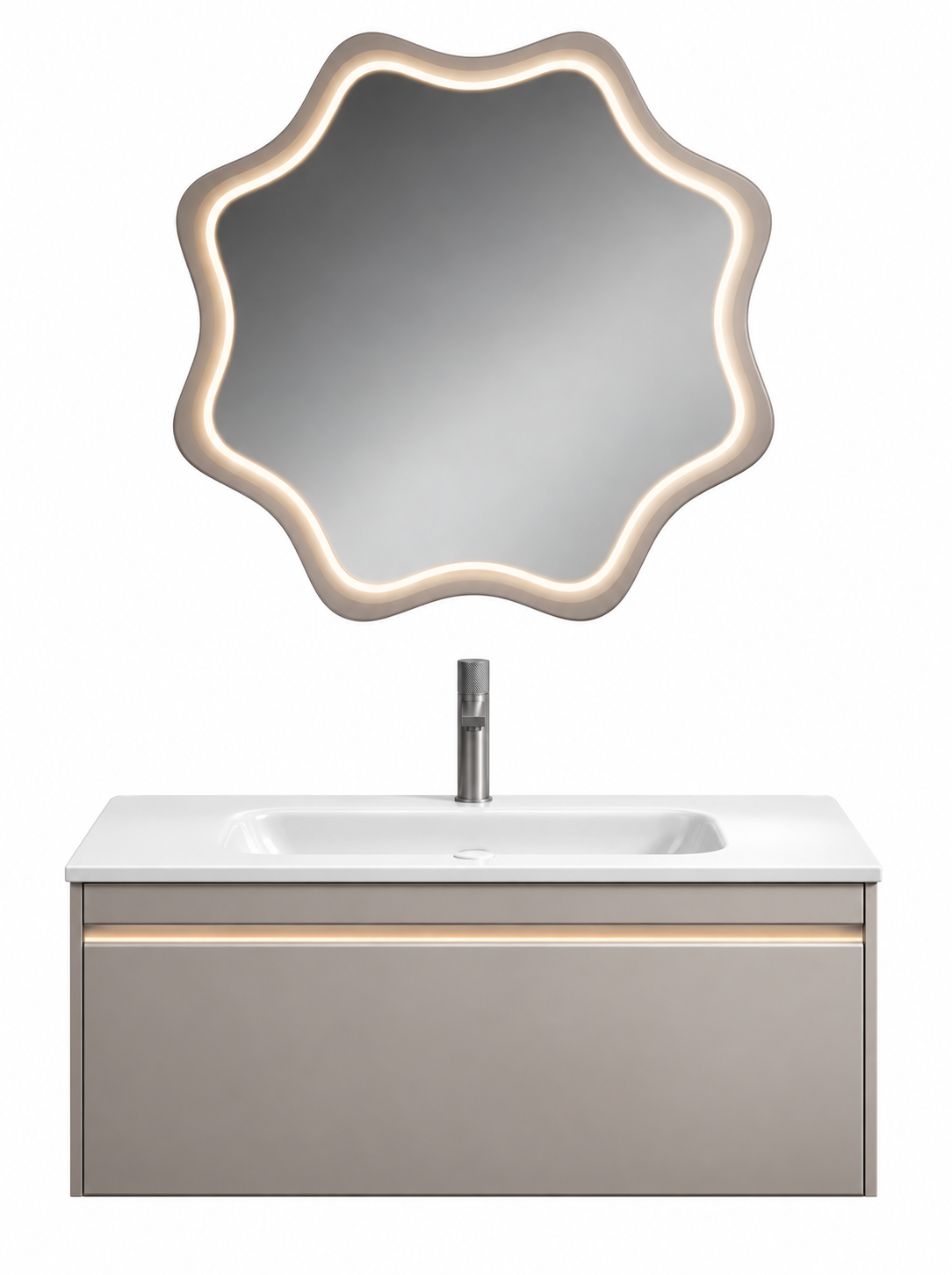 NB-3011-110 vanity cabinet, basin and matching mirror on white background