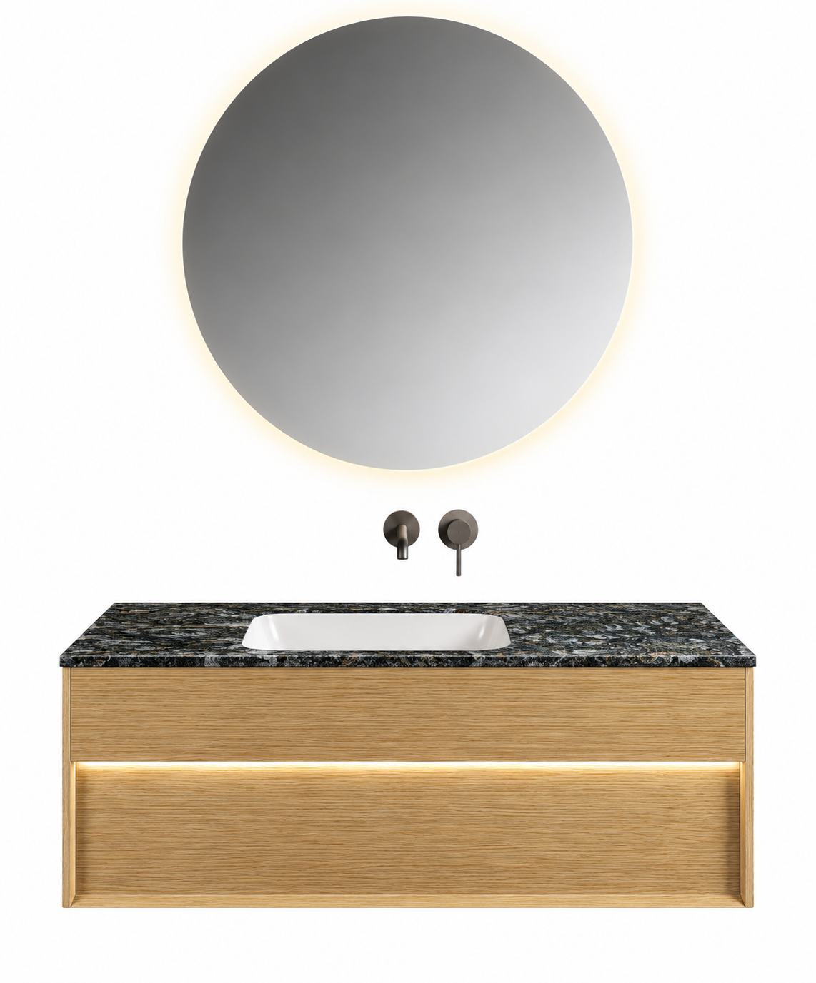 NB-3012-100 vanity cabinet, basin and matching mirror on white background