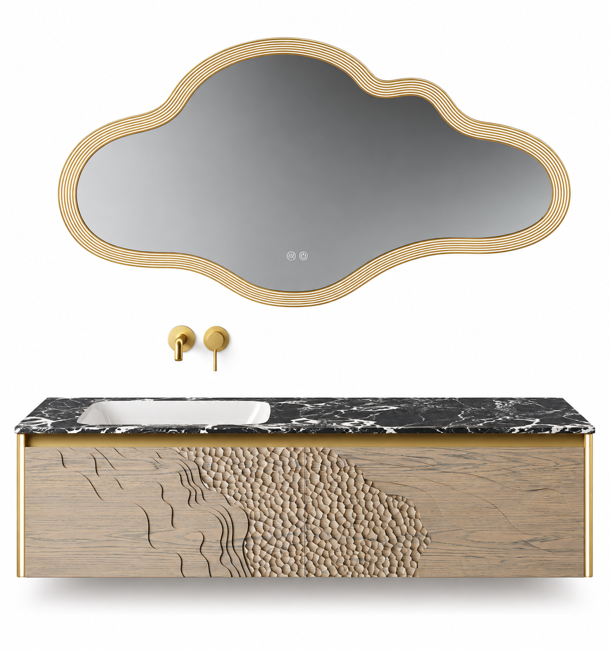 NB-3017-160 vanity cabinet, basin and matching mirror on white background