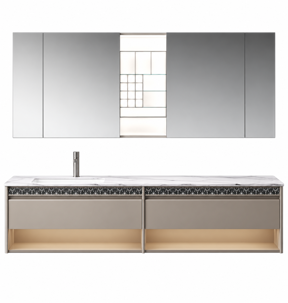 NB-3026-160 vanity cabinet, basin and matching mirror on white background