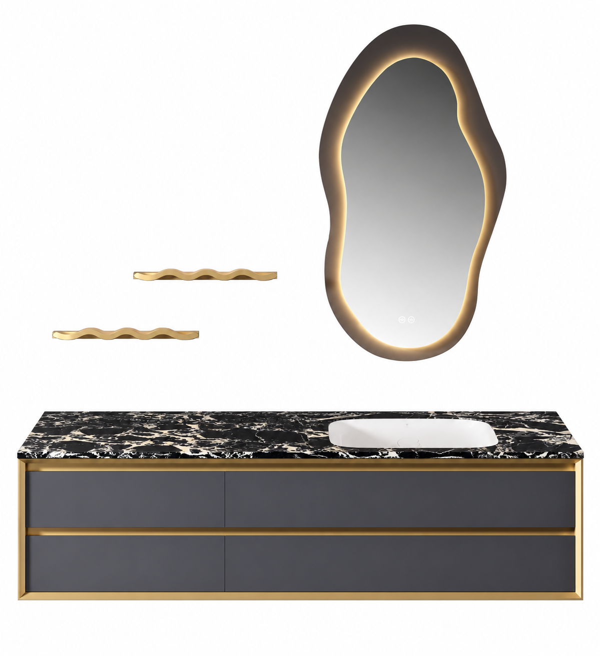NB-3029-140 vanity cabinet, basin and matching mirror on white background