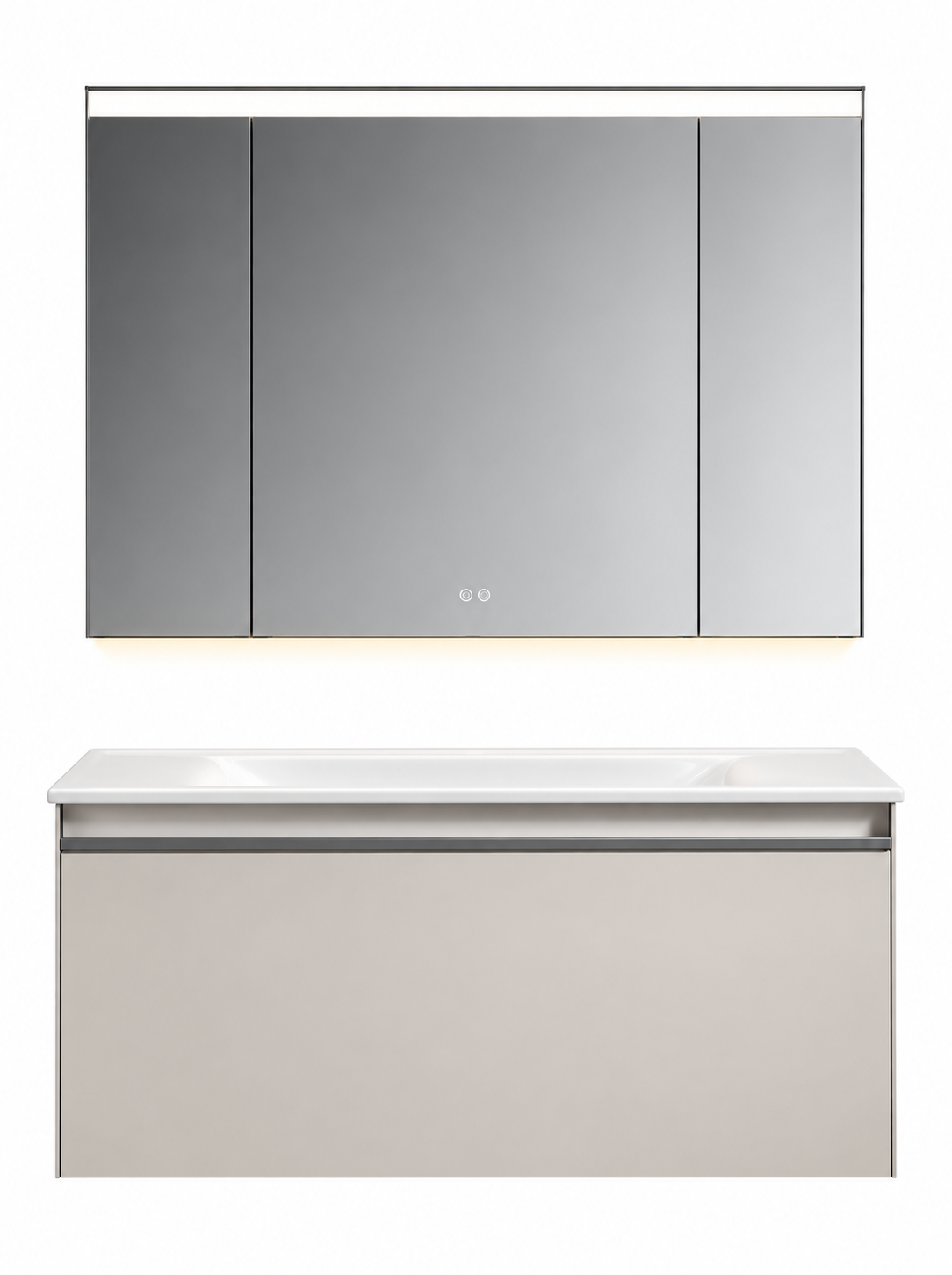 NB-3035-100 vanity cabinet, basin and matching mirror on white background