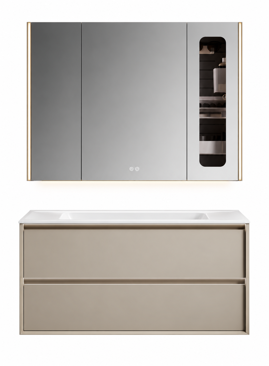 NB-3036-100 vanity cabinet, basin and matching mirror on white background