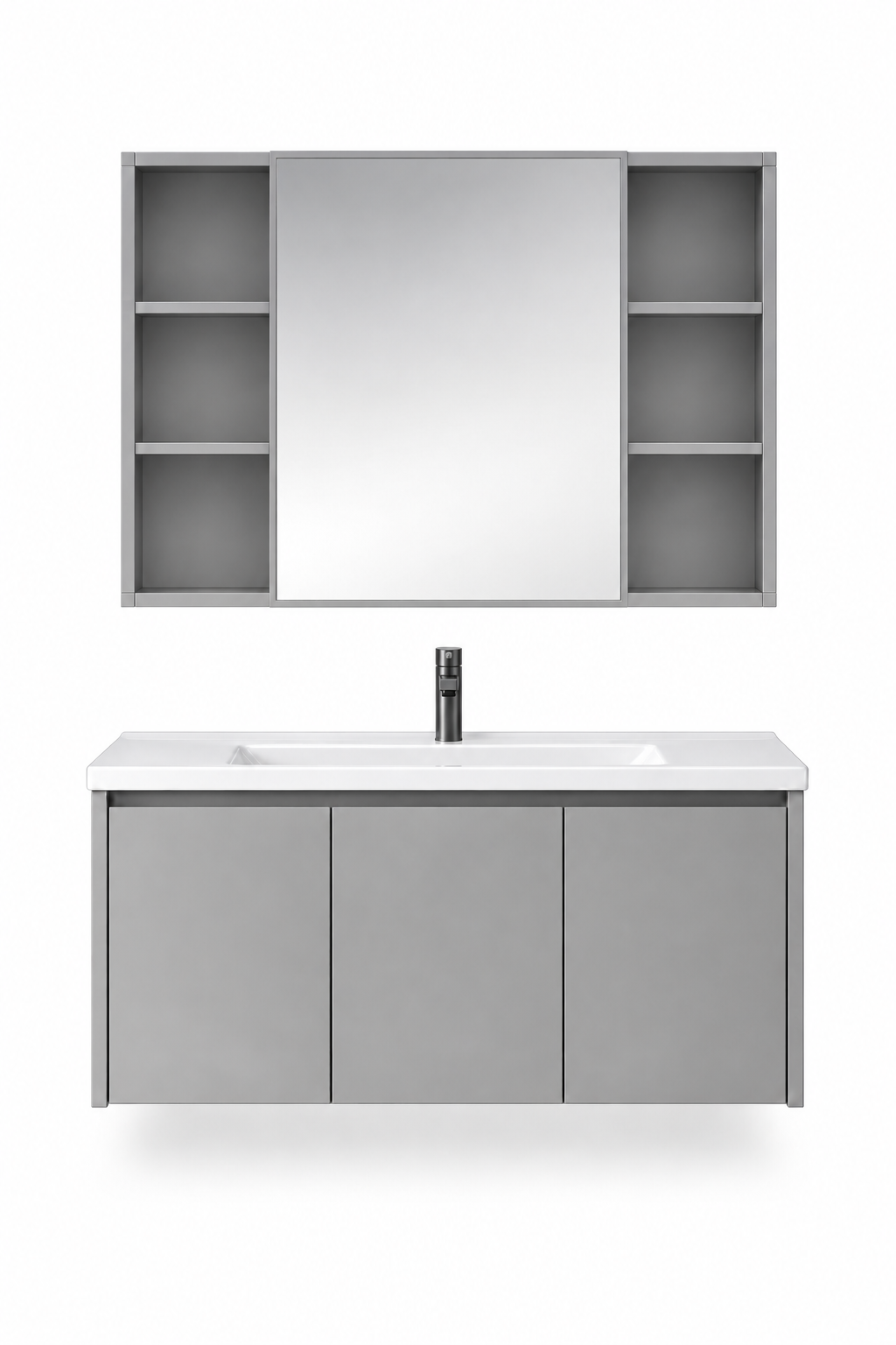 NB-501-1000 vanity cabinet, basin and matching mirror on white background