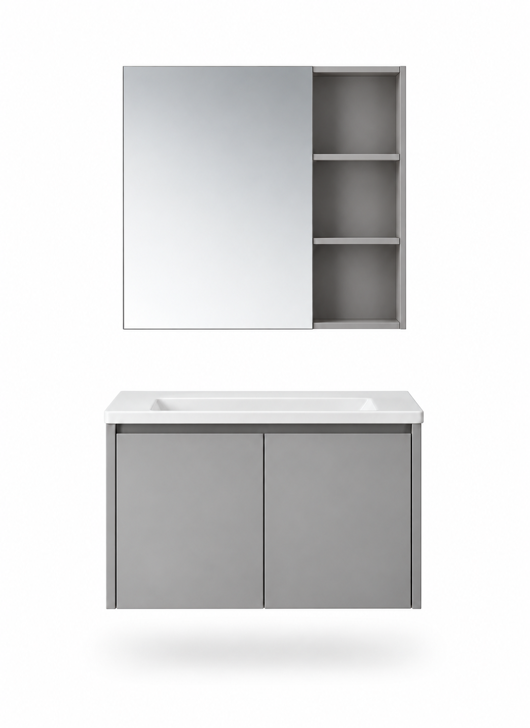 NB-501-600 / NB-501-700 / NB-501-800 shared family cabinet, basin and mirror configuration on white background