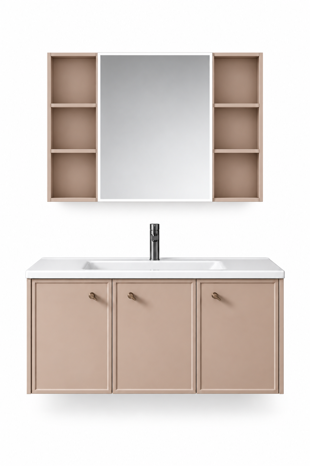 NB-502-1000 vanity cabinet, basin and matching mirror on white background