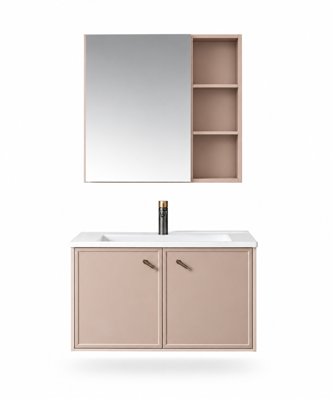 NB-502-800 vanity cabinet, basin and matching mirror on white background