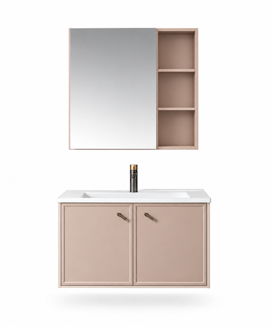 NB-502-800 vanity cabinet, basin and matching mirror on white background