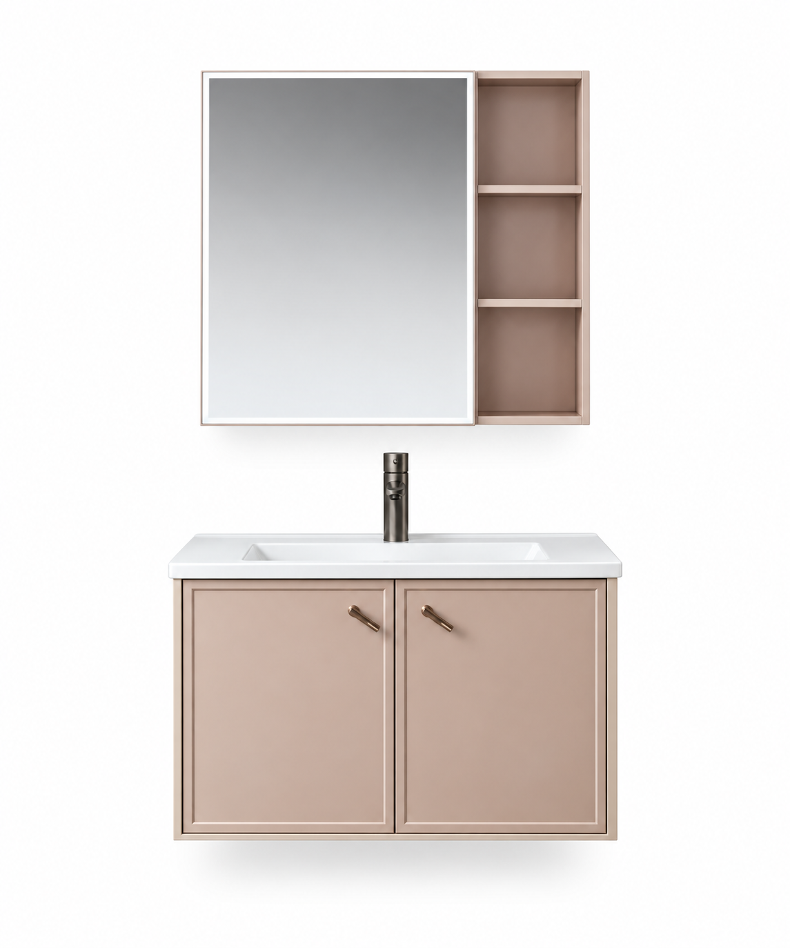 NB-502A-800 vanity cabinet, basin and matching mirror on white background