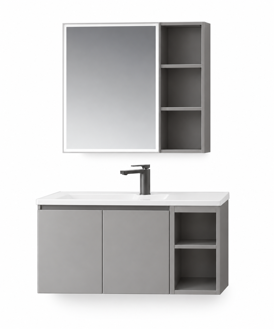NB-503A-800 vanity cabinet, basin and matching mirror on white background
