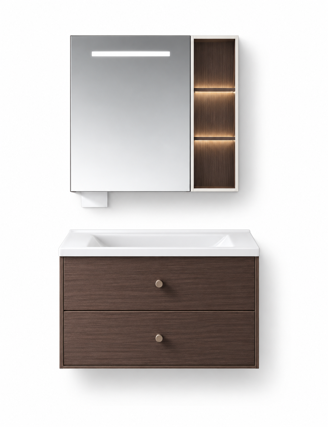 NB-506A-800 vanity cabinet, basin and matching mirror on white background
