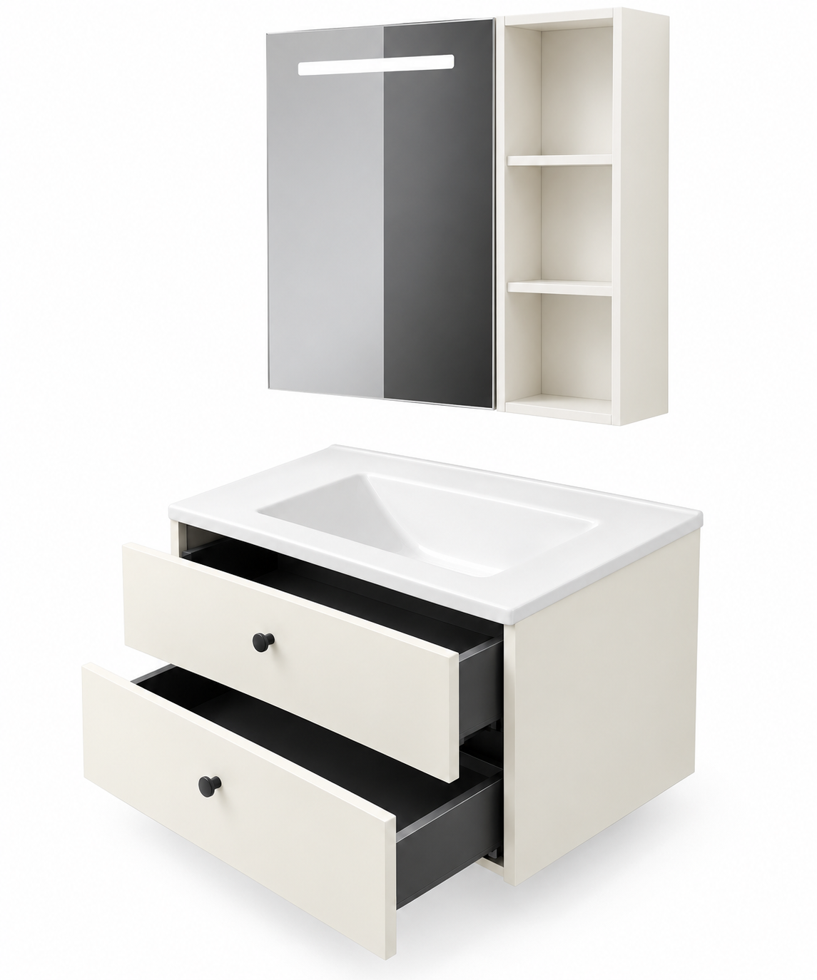 NB-507A-800 vanity cabinet, basin and matching mirror on white background