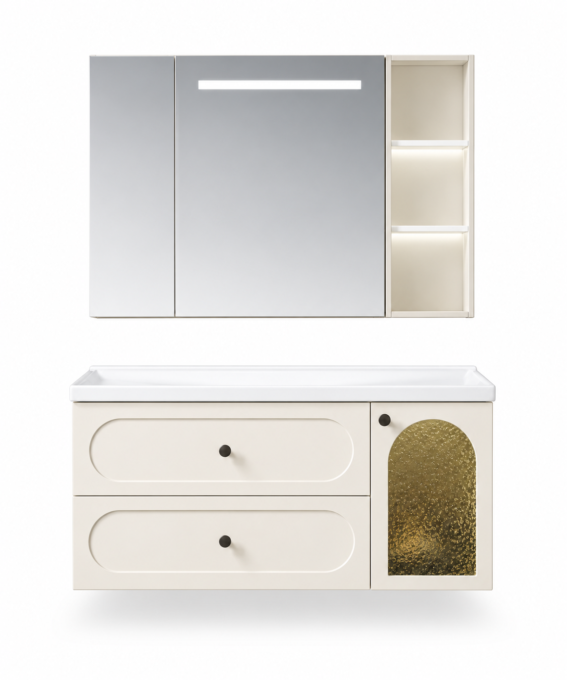 NB-508A-1000 vanity cabinet, basin and matching mirror on white background