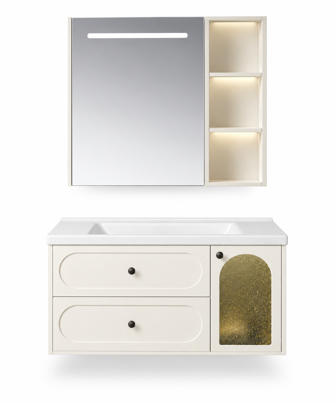 NB-508A-900 vanity cabinet, basin and matching mirror on white background