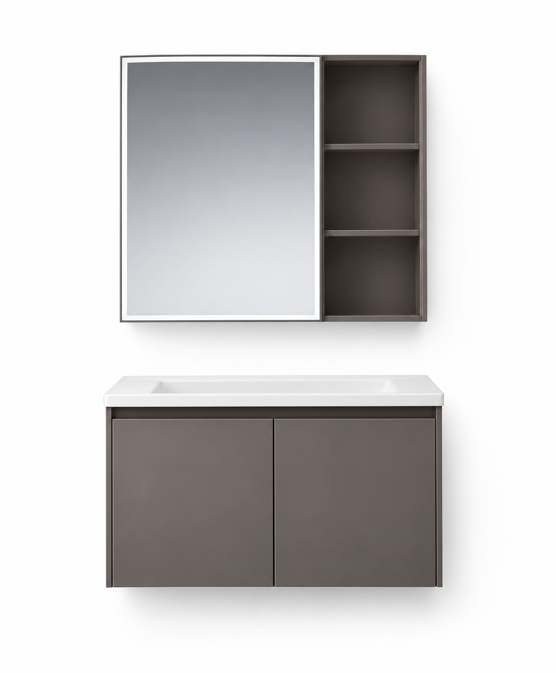 NB-509A-800 vanity cabinet, basin and matching mirror on white background