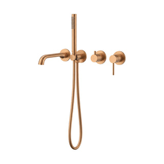 Brushed rose gold wall mount tub filler with curved tube spout, slim handheld and pin lever — SANIKB SO1032 23 36 2