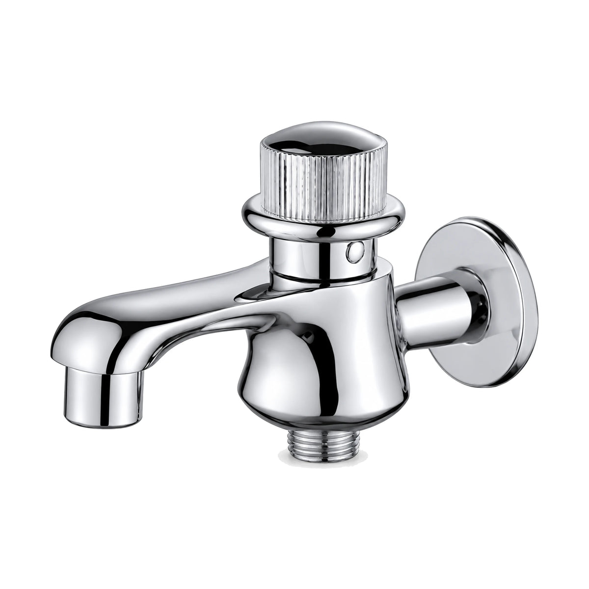 Chrome cold water wall tap with ridged top knob, short curved spout and second threaded outlet — SANIKB DL-02 208-CP
