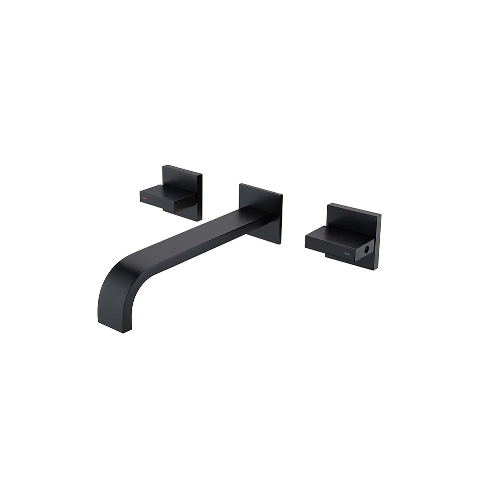 Matte black wall-mount bathroom faucet, brass body, angular curved ribbon spout with square dual handles — SANIKB FYF-01042.