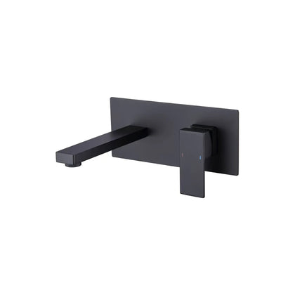 Matte black wall-mount bathroom basin faucet, brass, cubic spout with single square lever — SANIKB FYF-01041.