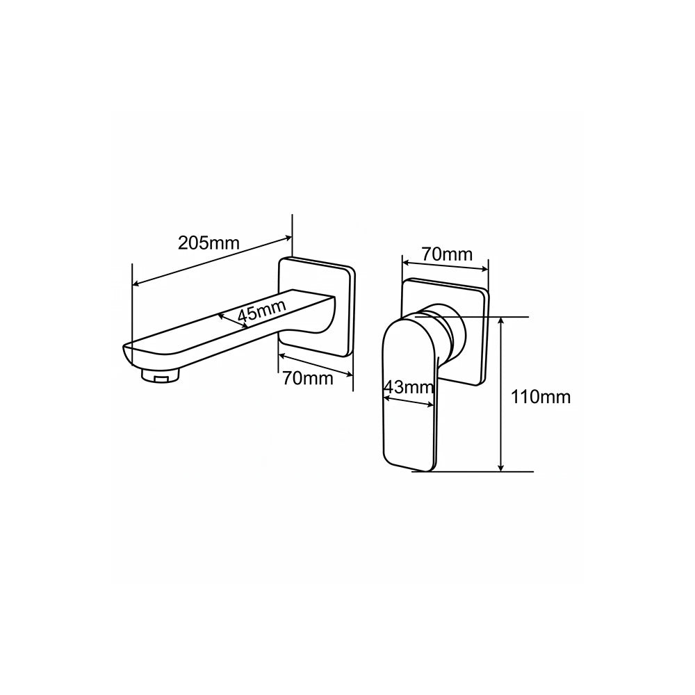 Dimensioned spec drawing for SANIKB FYF-01058 wallmount bathroom faucet, spout and mixer plate measurements.