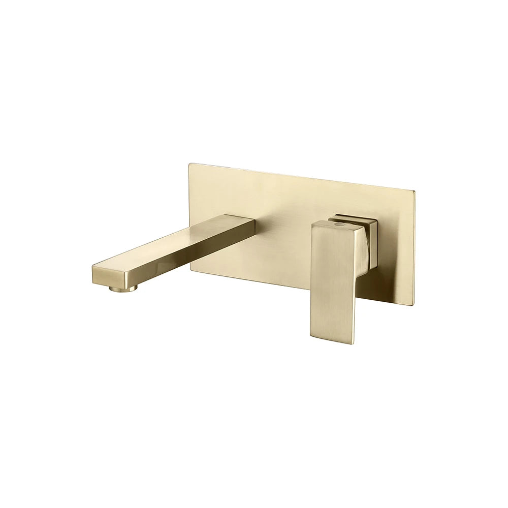 Brushed gold wall-mount bathroom basin faucet, solid brass, flat square spout and lever — SANIKB FYF-01041.