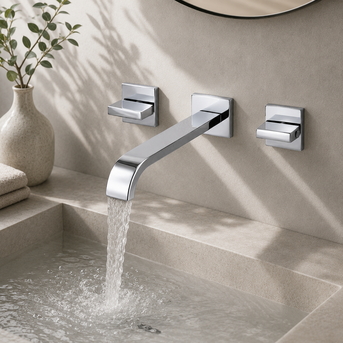 Brass wall-mounted bathroom basin faucet in a styled bathroom scene | SANIKB OEM/ODM FYF-01042