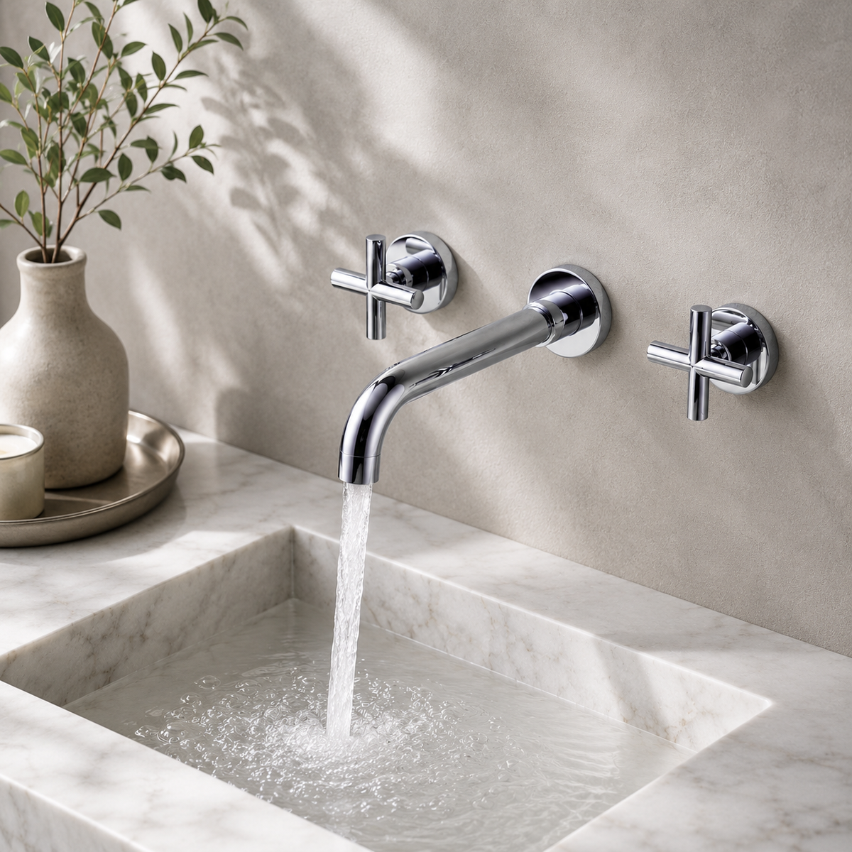 Brass wall-mounted bathroom basin faucet in a styled bathroom scene | SANIKB OEM/ODM FYF-01046