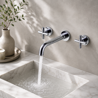 Brass wall-mounted bathroom basin faucet in a styled bathroom scene | SANIKB OEM/ODM FYF-01046