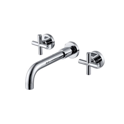 Polished chrome wall-mount bathroom basin faucet, brass body, cross handles and curved spout — SANIKB FYF-01046.