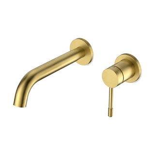 Brushed gold two-piece wall mount faucet with curved tube spout and knurled pin lever on round escutcheon — SANIKB B1010B 28 43 1