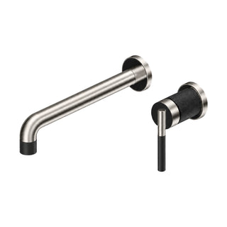 Brushed nickel wall mount bathroom faucet with tube spout and black textured valve sleeve — SANIKB B743 28 63 1