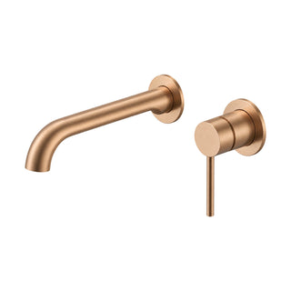 Brushed rose gold two-piece wall mount faucet with curved round spout and slim pin lever on round plate — SANIKB B1032 28 36 2