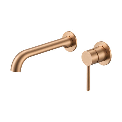 Brushed rose gold two-piece wall mount faucet with curved round spout and slim pin lever on round plate — SANIKB B1032 28 36 2