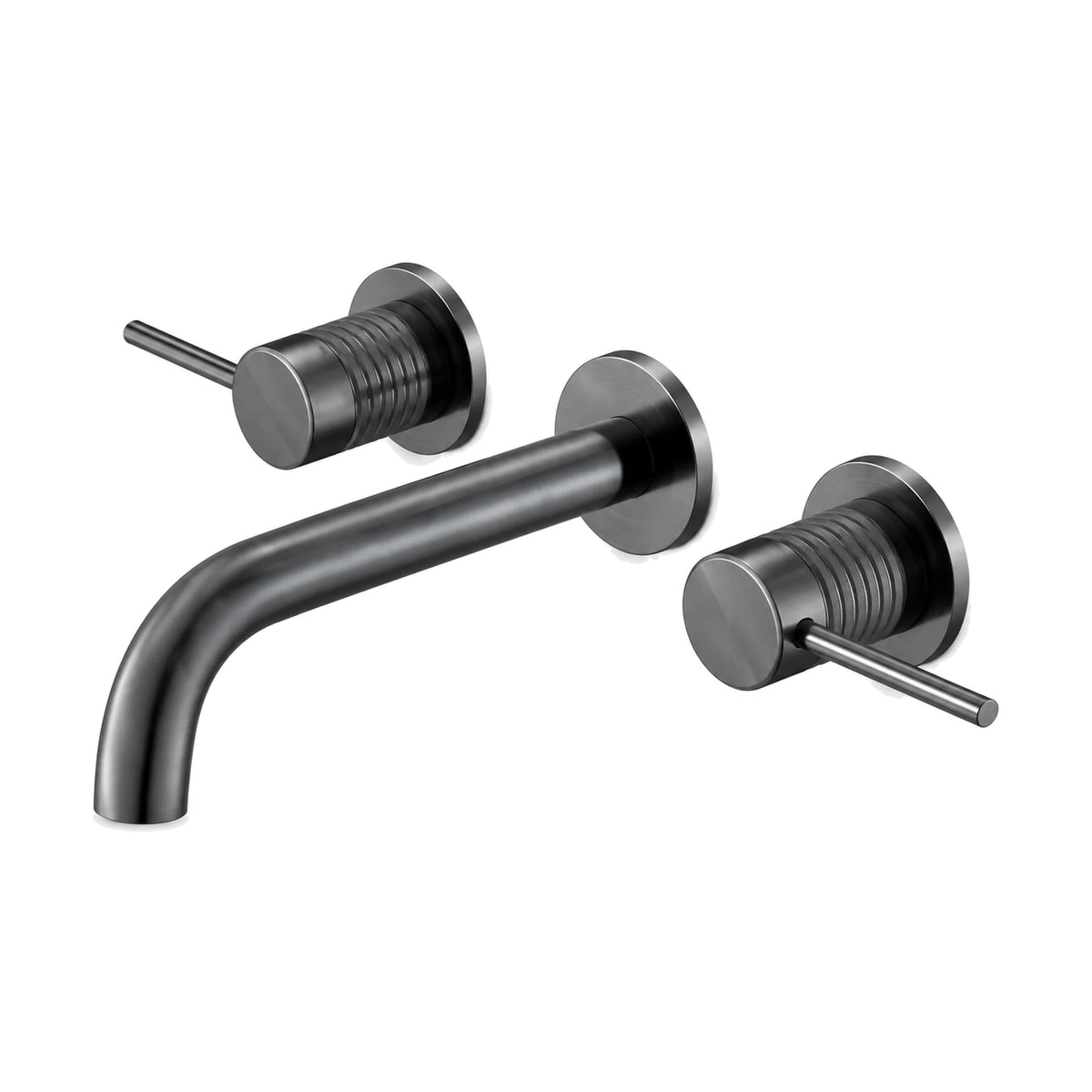 Gun metal grey three-hole wall mount faucet with curved spout between two ribbed valves with pin levers — SANIKB B064 06 45 1
