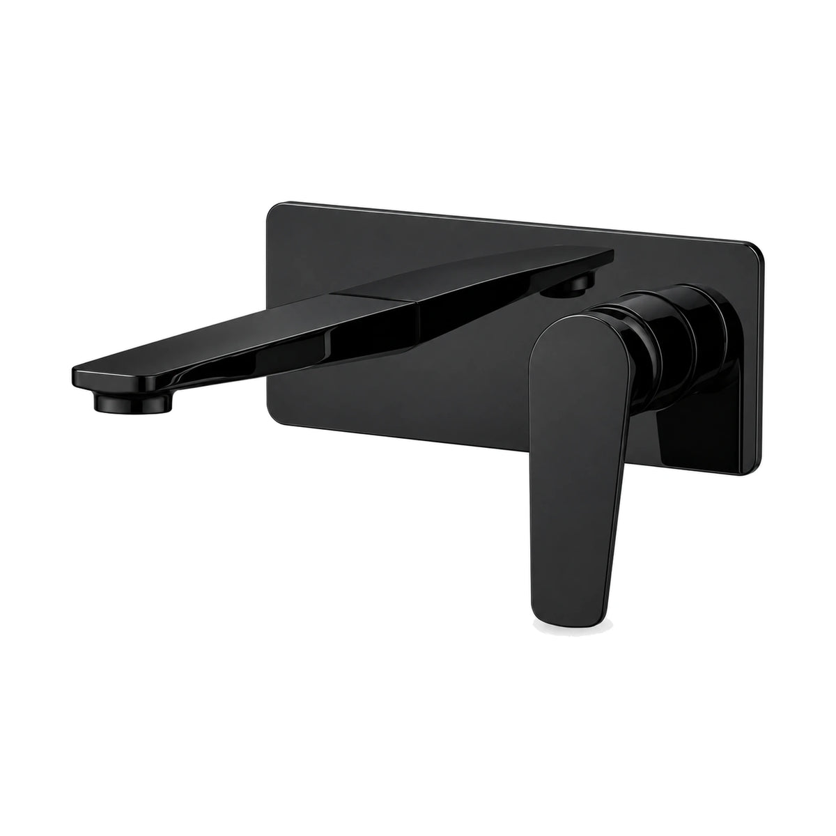 Matte Black wall mount basin mixer with flat tapered spout and curved blade lever on rectangular backplate — SANIKB DL-01 414-BK