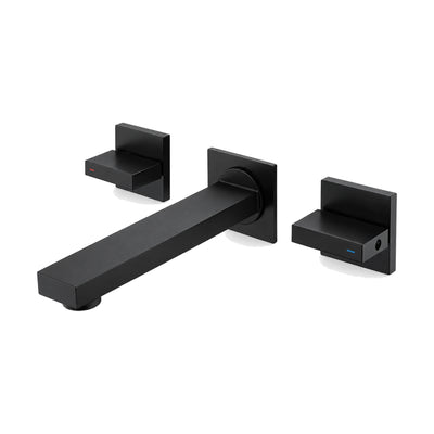 Matte black three-piece wall mount faucet with straight square spout and two square block levers — SANIKB DL-01 419-BK