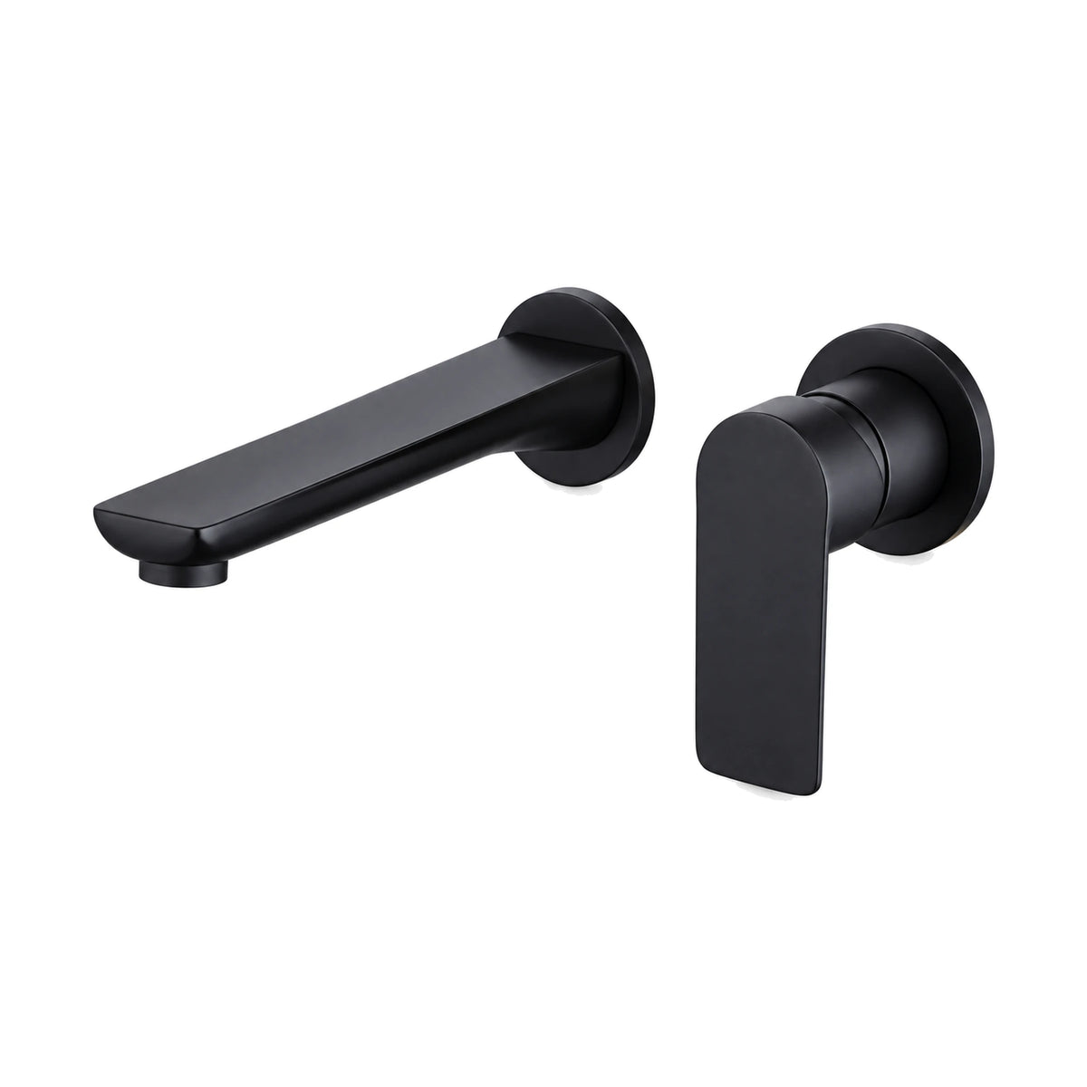 Matte Black — Two-piece wall mount bathroom faucet with flat tapered spout and paddle lever valve on round rosettes — SANIKB DL-01 420-BK